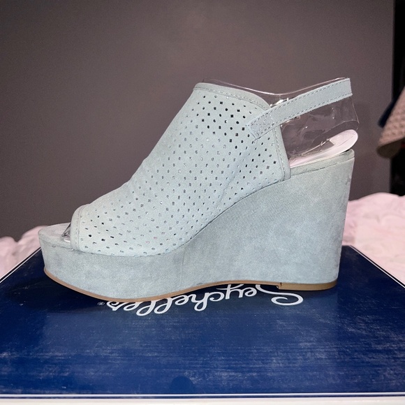 NIB Seychelles Landscape Light Blue Suede Wedge Sandal - Picture 4 of 8